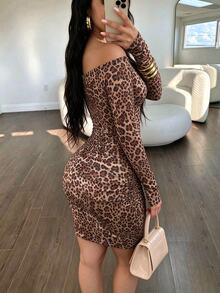 SHEIN Raffinéa Women's Y2K Leopard Print Long Sleeve Short Dress, Fashion Millennium Style, Spring/Autumn Knit Digital Fabric Short Dress - Multicolor - View 2