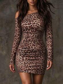 SHEIN Raffinéa Women's Y2K Leopard Print Long Sleeve Short Dress, Fashion Millennium Style, Spring/Autumn Knit Digital Fabric Short Dress - Multicolor - View 3