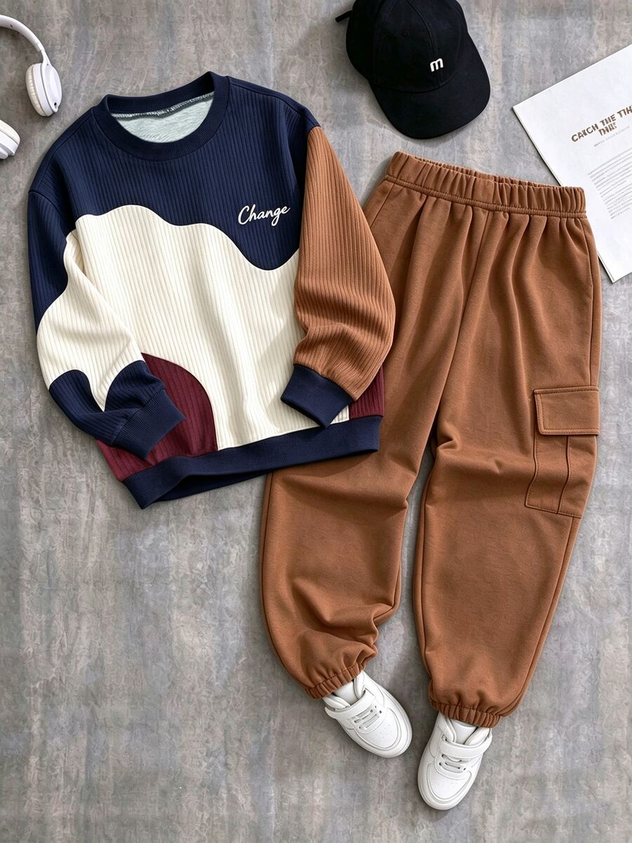 2pcs Young Boy Fashion Minimalist Comfortable Crew Neck Sweatshirt Cargo Pants Set Geometric Design English Letter Print Holiday Parties Birthday Fall - Multicolor - View 1