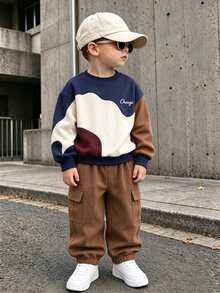 2pcs Young Boy Fashion Minimalist Comfortable Crew Neck Sweatshirt Cargo Pants Set Geometric Design English Letter Print Holiday Parties Birthday Fall - Multicolor - View 3