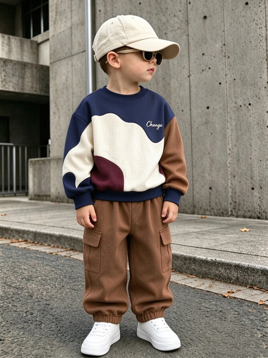 2pcs Setelan Anak Laki-Laki Minimalis Nyaman Model Sweatshirt Leher Bulat dan Celana Kargo dengan Desain Geometris dan Cetakan Huruf Inggris, Cocok untuk Pesta Liburan, Ulang Tahun, dan Musim Gugur - MultiWarna - View 1