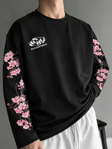 Sport MetroGents Daypath Men's White And Pink Cherry Blossom SakuraFloral Branch Graphic Print T-Shirt,Summer ElegantVacation Vintage Botanical Flower Letter Art Tee - Black - View 1