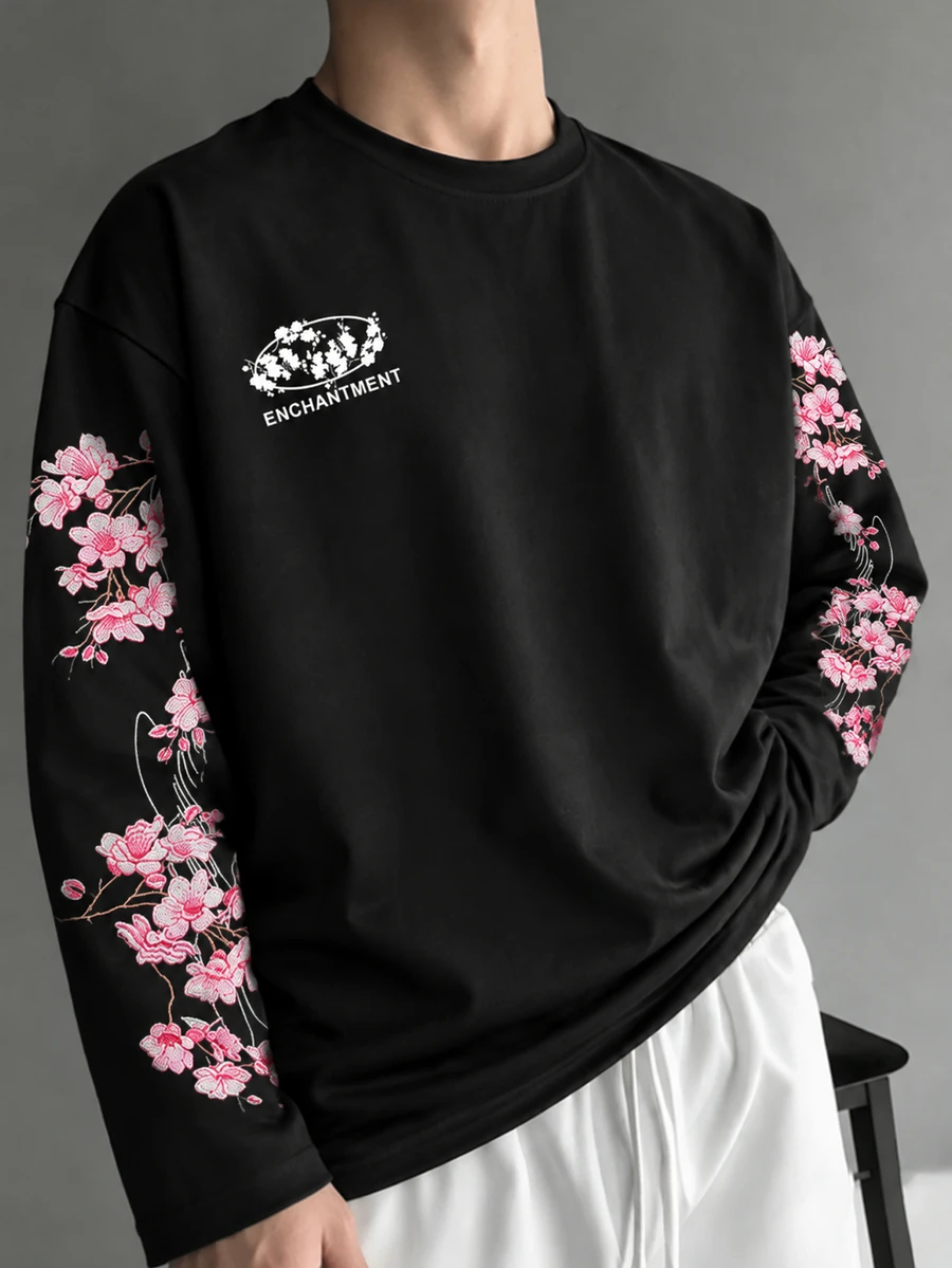 Sport MetroGents Daypath Men's White And Pink Cherry Blossom SakuraFloral Branch Graphic Print T-Shirt,Summer ElegantVacation Vintage Botanical Flower Letter Art Tee - Black - View 1