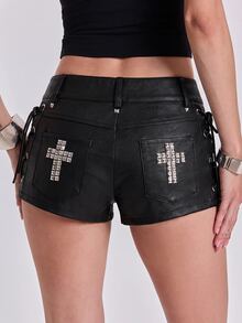 ROMWE Grunge Punk Punk Metal Rivet Lace-Up Design Super Low-Waist Mini Leather Shorts - Black - View 1