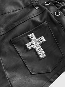 ROMWE Grunge Punk Punk Metal Rivet Lace-Up Design Super Low-Waist Mini Leather Shorts - Black - View 6