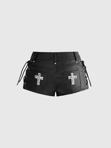 ROMWE Grunge Punk Punk Metal Rivet Lace-Up Design Super Low-Waist Mini Leather Shorts - Black - View 3