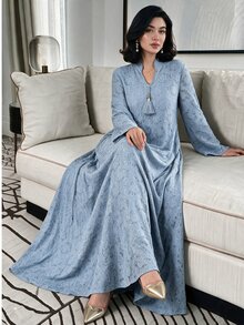 Al Najma Haze Blue Lace Stand Collar Long Robe Dress, Straight Long Sleeve Middle Eastern Muslim Abaya Dress - Dusty Blue - View 2
