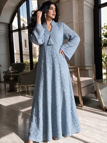 Al Najma Haze Blue Lace Stand Collar Long Robe Dress, Straight Long Sleeve Middle Eastern Muslim Abaya Dress - Dusty Blue - View 4
