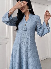 Al Najma Haze Blue Lace Stand Collar Long Robe Dress, Straight Long Sleeve Middle Eastern Muslim Abaya Dress - Dusty Blue - View 5