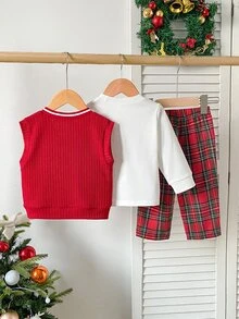 SHEIN Three PieceBaby Boy Sknitted Jacquard V-Neck Vest, Paired With A Top And Red Plaid Trousers In A Gentlemanly Academic Style, For Christmas, Autumn - Red - View 2