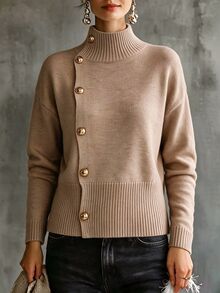 SHEIN Women's Autumn/Winter Side Button Loose Round Neck Long Sleeve Knit Sweater Cardigan, Casual Fashion, Suitable For Daily Commute, Office, Shopping - Camel - View 3