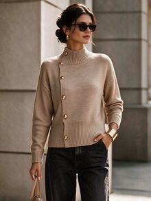 SHEIN Women's Autumn/Winter Side Button Loose Round Neck Long Sleeve Knit Sweater Cardigan, Casual Fashion, Suitable For Daily Commute, Office, Shopping - Camel - View 5