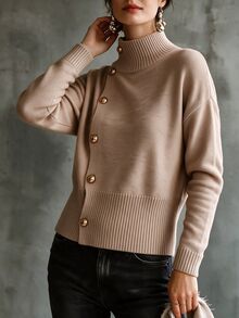 SHEIN Women's Autumn/Winter Side Button Loose Round Neck Long Sleeve Knit Sweater Cardigan, Casual Fashion, Suitable For Daily Commute, Office, Shopping - Camel - View 6