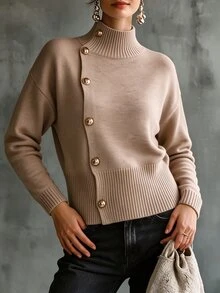 SHEIN Women's Autumn/Winter Side Button Loose Round Neck Long Sleeve Knit Sweater Cardigan, Casual Fashion, Suitable For Daily Commute, Office, Shopping - Camel - View 4