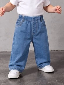 SHEIN Baby Boy Elastic Waist Slant Pocket Jeans Autumn Winter - Medium Wash - View 3