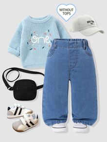 SHEIN Baby Boy Elastic Waist Slant Pocket Jeans Autumn Winter - Medium Wash - View 4