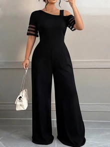 Selianne 女款優雅成熟性感單肩短袖修身連身褲，通勤/浪漫/復古晚餐之夜外出的雞尾酒會黑色夏季萬聖節 - 黑色 - 查看 4