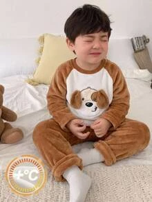 SHEIN 男嬰棕色針織法蘭絨 3D 小狗動物圖案 羅根袖上衣與長褲家居服套裝，適合秋冬，舒適可愛俏皮 - 棕色 - 查看 8