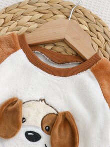 SHEIN 男嬰棕色針織法蘭絨 3D 小狗動物圖案 羅根袖上衣與長褲家居服套裝，適合秋冬，舒適可愛俏皮 - 棕色 - 查看 4
