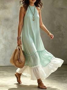 Linhara CURVE Women's Plus Size Solid Color Pleated Casual Boho Bohemian Party Vacation Dress Sage Green Summer - Green - View 7