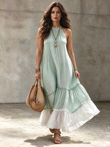 Linhara CURVE Women's Plus Size Solid Color Pleated Casual Boho Bohemian Party Vacation Dress Sage Green Summer - Green - View 1