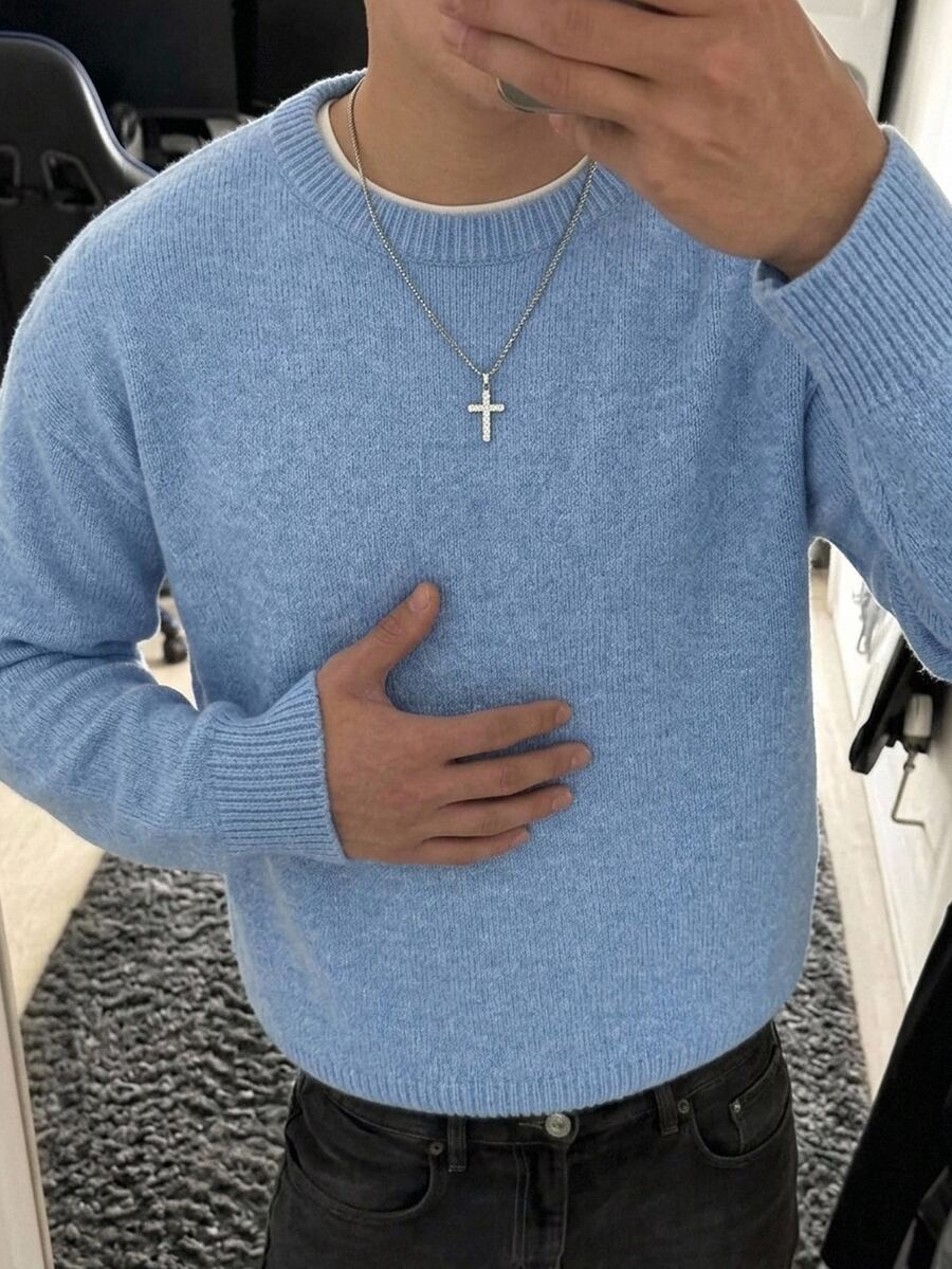 Manfinity Hypemode Autumn/Winter New Style Long-Sleeved Solid-Color Round-Neck Sweater. Suitable For Outings. Men And Women The Same Style. Suitable For Formal Dinners, - Blue - View 1