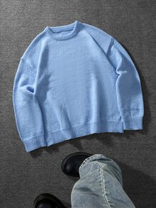 Manfinity Hypemode Autumn/Winter New Style Long-Sleeved Solid-Color Round-Neck Sweater. Suitable For Outings. Men And Women The Same Style. Suitable For Formal Dinners, - Blue - View 4