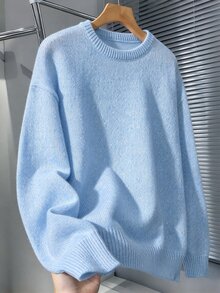Manfinity Hypemode Autumn/Winter New Style Long-Sleeved Solid-Color Round-Neck Sweater. Suitable For Outings. Men And Women The Same Style. Suitable For Formal Dinners, - Blue - View 8