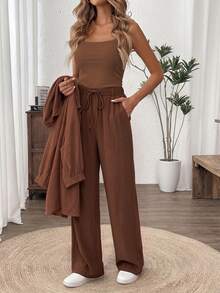 Easowa Women's Casual Brown Single-Breasted Shirt And Drawstring Waist Pants 2 Pieces Set, Suitable For Autumn/Winter,100%Cotton - Brown - View 6