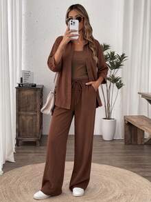 Easowa Women's Casual Brown Single-Breasted Shirt And Drawstring Waist Pants 2 Pieces Set, Suitable For Autumn/Winter,100%Cotton - Brown - View 5