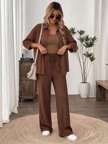 Easowa Women's Casual Brown Single-Breasted Shirt And Drawstring Waist Pants 2 Pieces Set, Suitable For Autumn/Winter,100%Cotton - Brown - View 7