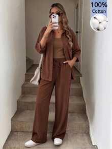 Easowa Women's Casual Brown Single-Breasted Shirt And Drawstring Waist Pants 2 Pieces Set, Suitable For Autumn/Winter,100%Cotton - Brown - View 1