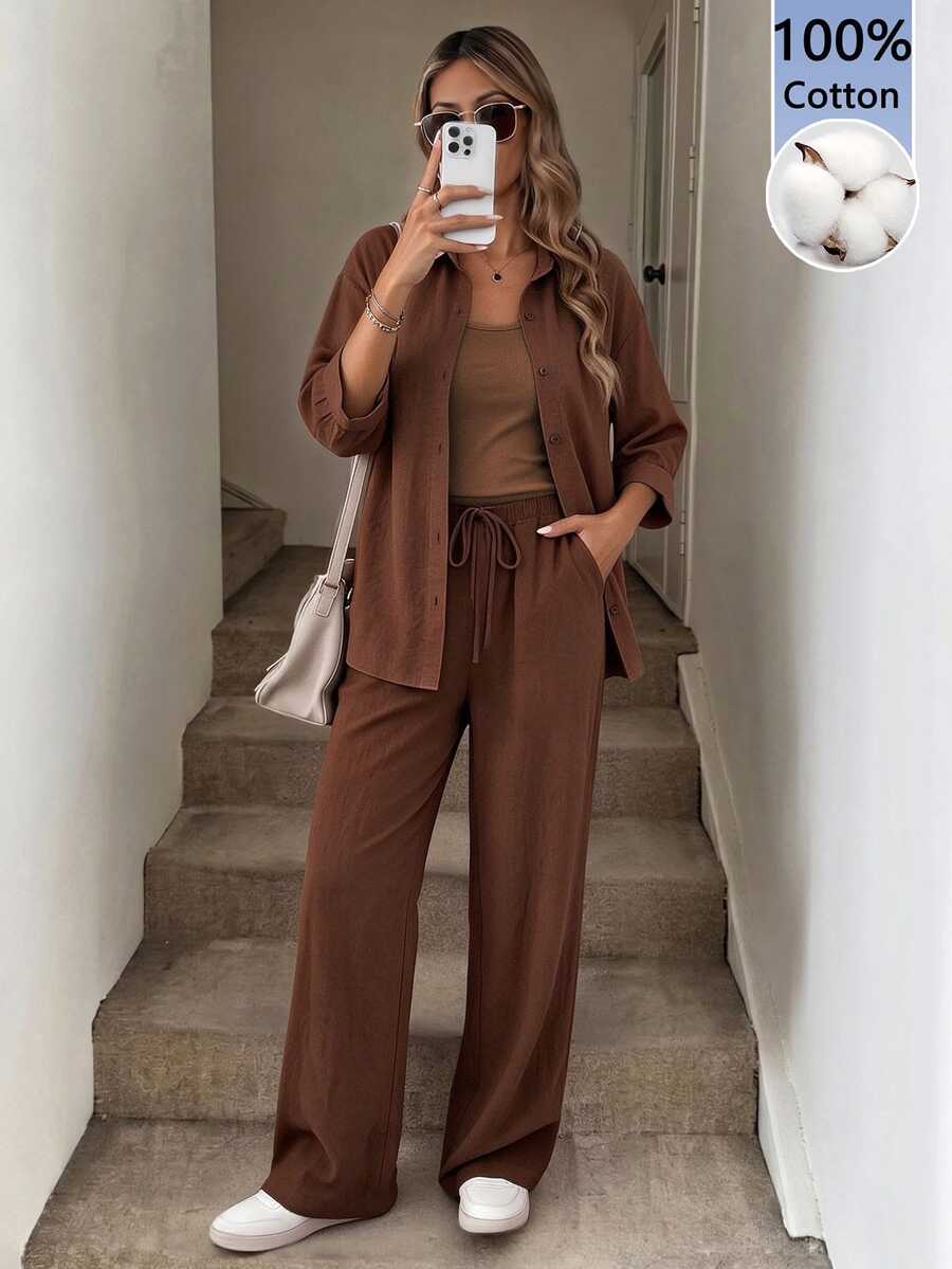 Easowa Women's Casual Brown Single-Breasted Shirt And Drawstring Waist Pants 2 Pieces Set, Suitable For Autumn/Winter,100%Cotton - Brown - View 1