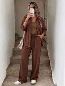 Easowa Women's Casual Brown Single-Breasted Shirt And Drawstring Waist Pants 2 Pieces Set, Suitable For Autumn/Winter,100%Cotton - Brown - View 4