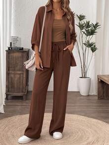 Easowa Women's Casual Brown Single-Breasted Shirt And Drawstring Waist Pants 2 Pieces Set, Suitable For Autumn/Winter,100%Cotton - Brown - View 3