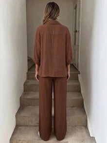 Easowa Women's Casual Brown Single-Breasted Shirt And Drawstring Waist Pants 2 Pieces Set, Suitable For Autumn/Winter,100%Cotton - Brown - View 2