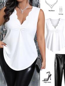 Femmeverse Women Versatile Waist Cinching Ruffle Collar Knit Tank Top - White - View 1