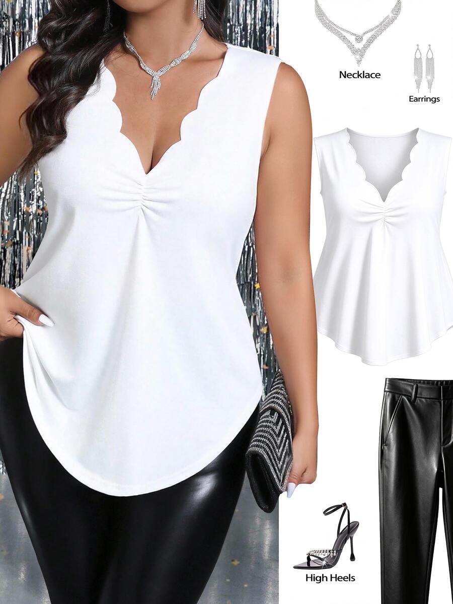 Femmeverse Women Versatile Waist Cinching Ruffle Collar Knit Tank Top - White - View 1