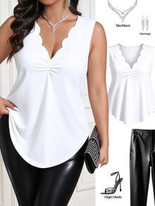 Femmeverse Women Versatile Waist Cinching Ruffle Collar Knit Tank Top - White - View 3