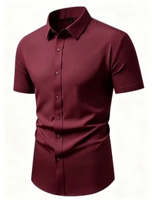 Calvornis 男士素色前扣短袖休閒正式襯衫（不對稱剪裁），儀式用 - 酒紅色 - 查看 4