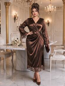 Roveilla Women's Plus Size Glossy Lace Trim Patchwork Elegant Ruched Solid Color Dress Formal Chocolate Brown Fall New Year Thanksgiving Party Wedding Guest - Coffee Brown - View 6