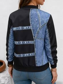Linhara Plus Size Women Baseball Collar Zip Up Casual Cargo Daily Going Out Office Long Sleeve Jacket Fall Black - Black - View 2