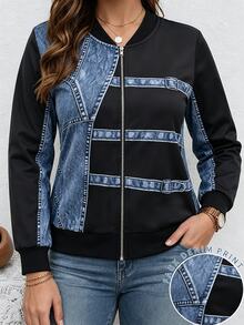 Linhara Plus Size Women Baseball Collar Zip Up Casual Cargo Daily Going Out Office Long Sleeve Jacket Fall Black - Black - View 3