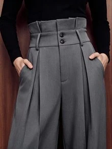 Anewsta Modern Urban Women Grey High Waist Peplum Pleated Wide Leg Suit Pants Office Wear - Grey - View 2