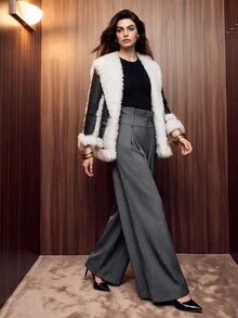 Anewsta Modern Urban Women Grey High Waist Peplum Pleated Wide Leg Suit Pants Office Wear - Grey - View 4