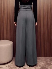 Anewsta Modern Urban Women Grey High Waist Peplum Pleated Wide Leg Suit Pants Office Wear - Grey - View 6