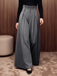 Anewsta Modern Urban Women Grey High Waist Peplum Pleated Wide Leg Suit Pants Office Wear - Grey - View 1