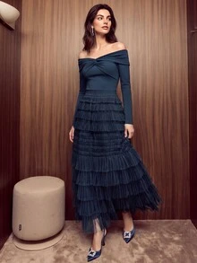 Anewsta Tall Spring/Autumn High Quality Tall Women's Gentle Fairy-Like Mesh Skirt, Elastic Waist Layered Cake Skirt, Slimming Skirt For Commute And Date - Navy Blue - View 4