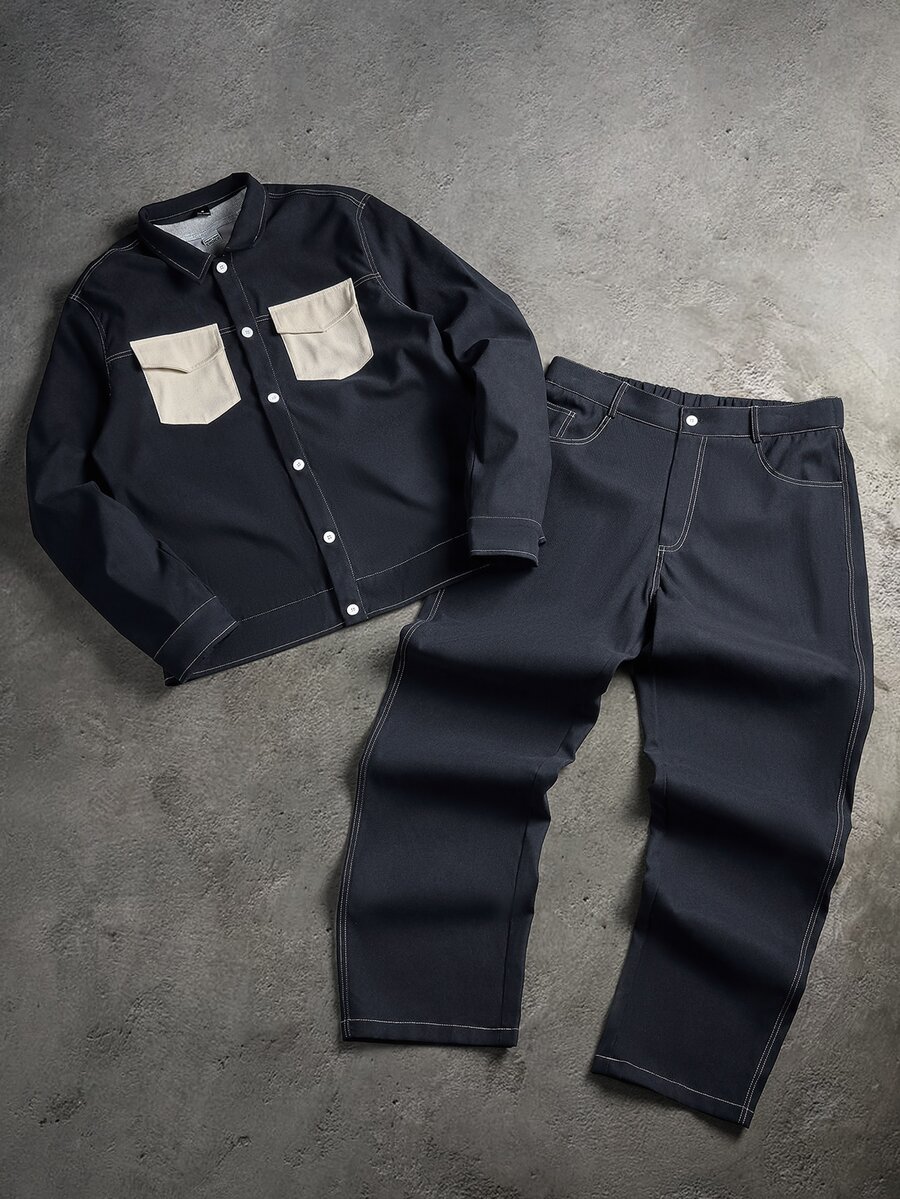 GETOML Loose Men's Letter Patch Weave Casual Long Sleeve Shirt And Pants 2 Pieces Set - Navy Blue - View 1