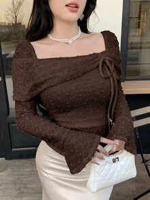 Feyla 女士优雅纯色不对称下摆方领喇叭袖T恤 - 咖啡棕 - 查看 8